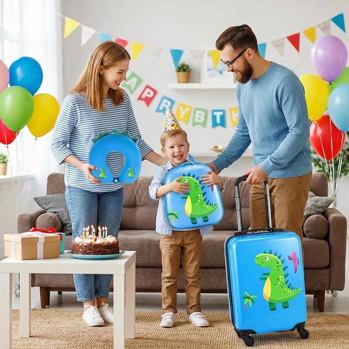 Sanwuta 4 Pcs Kids Luggage Set Back to School Gifts for Girls Boys Carry On Rolling Suitcase Backpack Neck Pillow Travel Set(17 Inch,Dinosaur Style,Blue) - Image 6