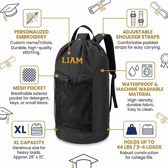 Personalized Laundry Bag Heavy Duty Custom Graduation University XL Bag Backpack with Hanging Shoulder Strap & Mesh Pocket - Back to School College Graduation Gift - Choose Your Font & Thread Color - Image 3