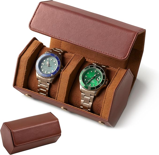 2-Slot Hexagon Leather Watch Roll Travel Case for Men, Brown | Multiple Watch Capacity,Premium Hexagon Leather,Velvet M-Shaped Cushions,Secure Snap Closure,Storage Organizer by Unknown