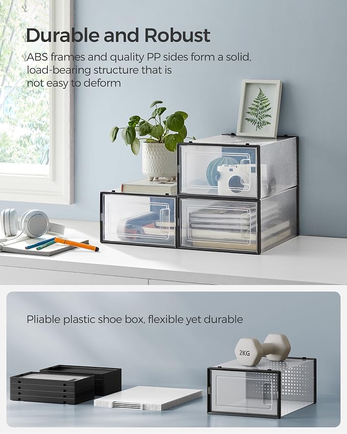 SONGMICS Shoe Boxes, Pack of 18 Shoe Storage Organizers, Stackable Clear Plastic Boxes for Closet, Sneakers, 13.1 x 9.1 x 5.6 Inches, Transparent and Black ULSP18SBKV1 - Image 5