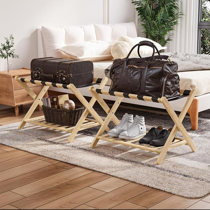 Smuxee Fully Assembled Luggage Rack Pack of 2, Upgraded Bamboo Foldable Suitcase Stand with 5 Nylon Straps, Luggage Holder with Shelf for Guest Room Bedroom Hotel - Image 7