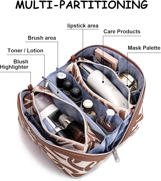 BOYATU Travel Makeup Bag for Women: Large Capacity 3-Piece Cosmetic & Toiletry Organizer - Expands Storage by 50% with 2 Detachable Pouches,Opens Flat for Easy Packing,Waterproof PU Leather(Brown) - Image 4