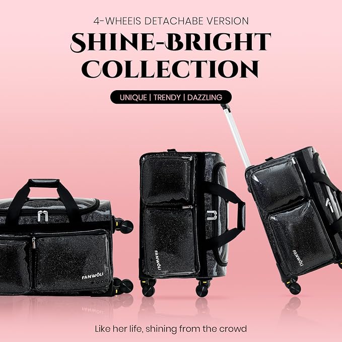 Fanwoli 23" Rolling Dance Duffel Bag with Garment Rack | Detachable 4-Spinner Wheels | Waterproof Glitter Fabric | Competition Travel Luggage for Cheerleader, Skating, Gymnast & Sleepover | Black - Image 7