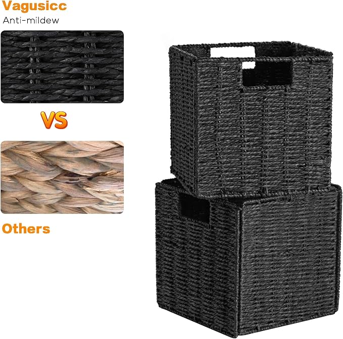 Vagusicc Wicker Basket, Set of 2 Woven Storage Baskets for Shelves, Foldable Cube Storage Basket Bins with Handles, 9 inch Small Storage Baskets for Organizing Pantry Bedroom, Black - Image 6