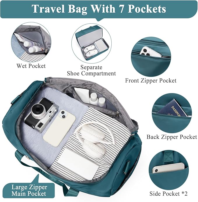 Extra Large Travel Duffle Bag,Carry on Overnight Bag with Shoes Compartment,Weekender Bags for Women for Travel Business Trips Sport Hospital,3 Pcs Set,Peacock Blue - Image 5