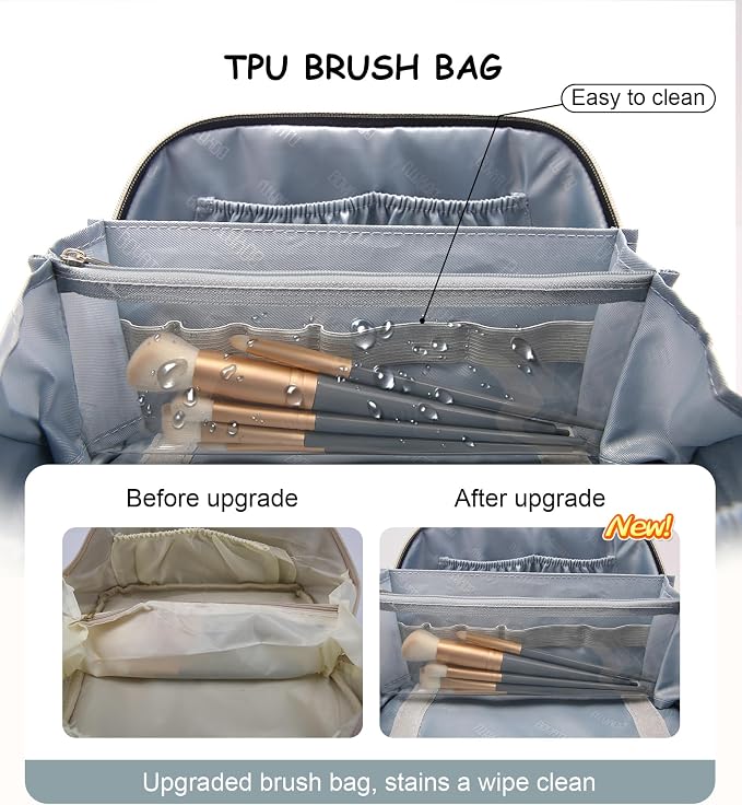 BOYATU Travel Makeup Bags Cosmetic Organizer Bag: 3 Pcs Set Large Capacity Floral Make up Bag with Compartments - Waterproof Leather Toiletry Bags with Handle for Women (01-Light Blue) - Image 4