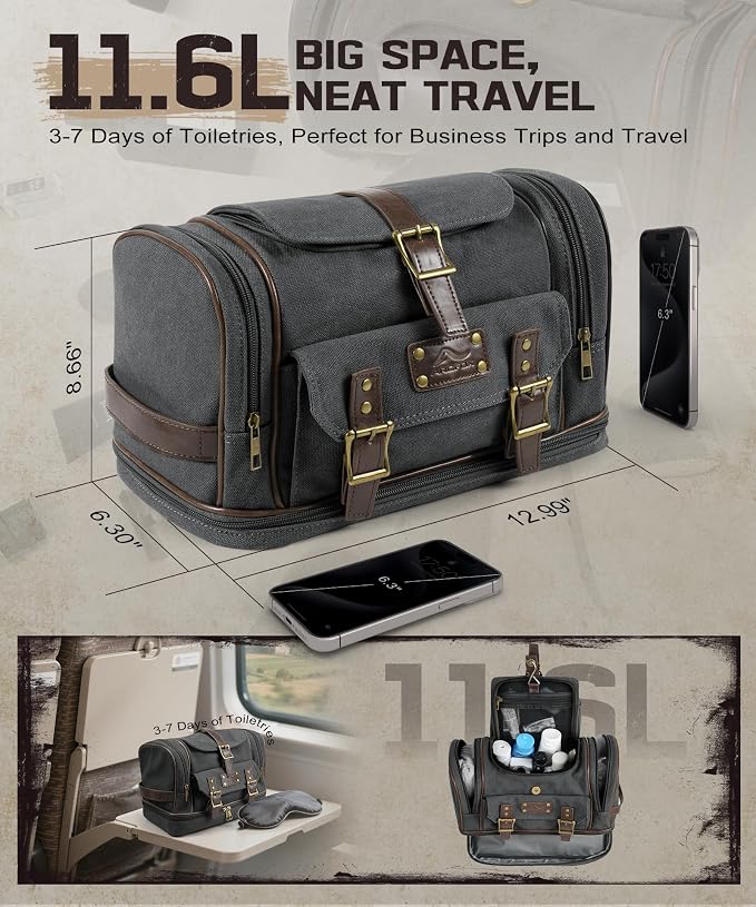 ARCFOX Travel Hanging Toiletry Bag for Men, Vintage Canvas Large Toiletry Bag with 7 Compartments, Camping Gym Travel Toiletry Kit Organizer with PVC Wet & Dry Pockets, Personalized Wash Bag, Black - Image 2