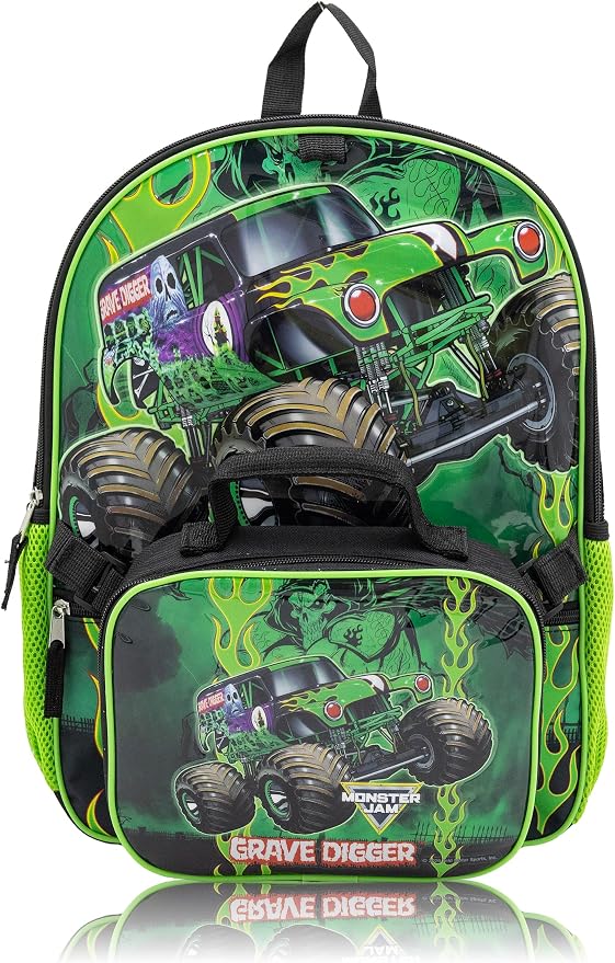 Fast Forward Monster Jam Backpack Set for Boys | 4-Piece Monster Truck Bookbag with Lunch Bag, Headphones, and Dangle | Grave Digger Kids School Backpack | Ages 3+ by FASTFORWARD