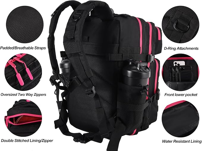 LHI Military Tactical Backpack for Men and Women 45L Army 3 Days Assault Pack Bag Large Rucksack with Molle System - Black with red zipper - Image 4
