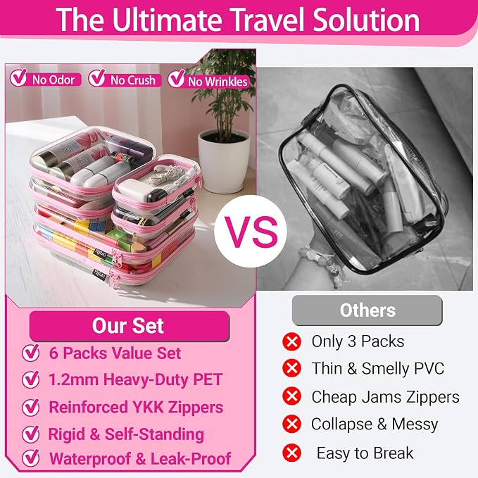 YQBRAO 6 Pack Soft Pink Clear Hard Shell Zipper Case, 1.2mm Crush-Proof Makeup Bag & Skincare Organizer, Heavy Duty Travel Pouches for Toiletries, Art Supplies & Daily Carry (2L+2M+2S) - Image 2