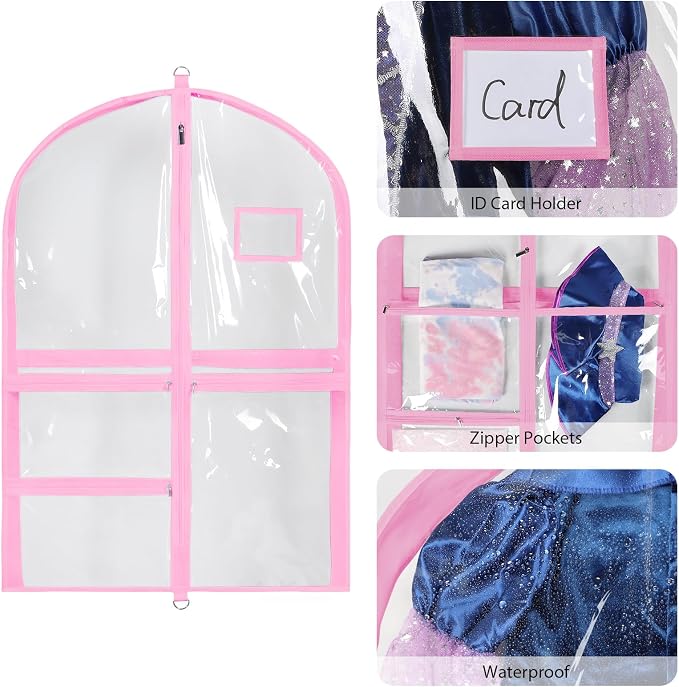Univivi Clear PVC Dance Costume Bags, 35 Inch Garment Bag for Dance Competitions, with 3 Seperated Medium Clear Zipper Pockets and 1 Large Back Zippered Pocket (Clear/Pink) - Image 5