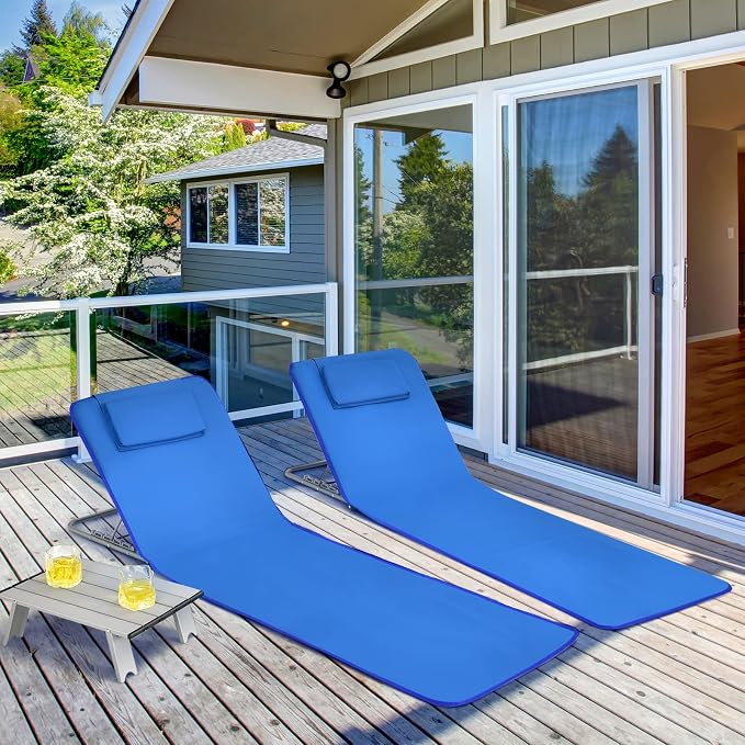 GYMAX Beach Chairs, Folding Tanning Lounge Chairs with Table Set, Adjustable Patio Floor Chair, Outdoor Sunbath Chair with Desk, Pillow & Storage Bag for Outside, Patio, Poolside (Blue) - Image 8