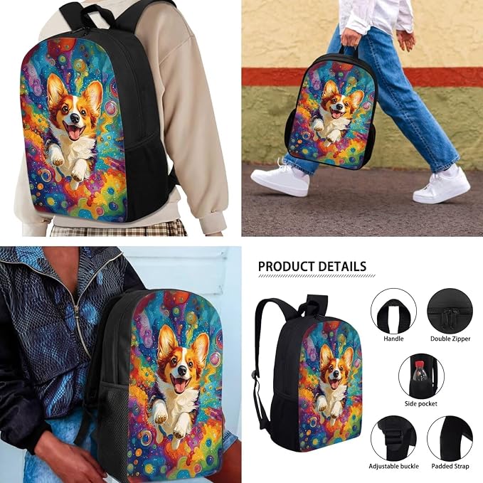 Mumeson Corgi Student 3 in 1 Backpack Set for Middle High School Cute Bookbag Sets with Lunch Box Pencil Case Set for Boys Girls Large Capacity Travel Daypack Rucksack - Image 4