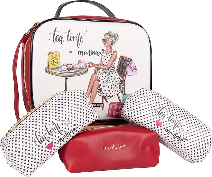 Nicole Lee Travel Handbag Crossbody Set with 3 Fashion Print Makeup Pouches, Women's Cosmetic Toiletry Organizer (Tea Time Me Time) - Image 2