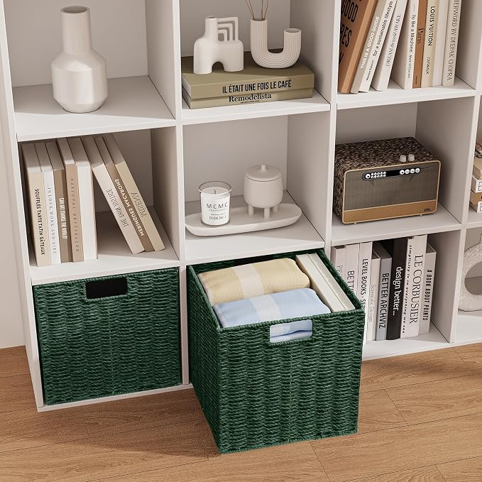 Vagusicc Wicker Storage Basket, Set of 2 Hand-Woven Paper Rope Wicker Basket, Foldable Cube Storage Bins, 9 inch Square Storage Baskets for Organizing Shelves & Decor, Green (9″×9″×9″) - Image 3