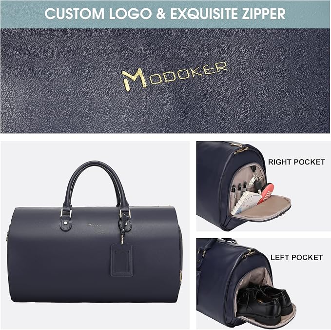 Modoker Women Convertible Leather Garment Bag with Shoulder Strap, PU Leather Garment Duffel Bag Carry on 2 in 1 Hanging Suitcase Suit Travel Bags, Blue - Image 4