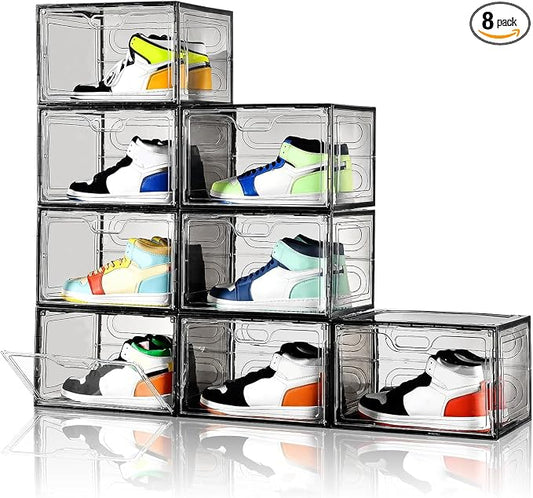 Amllas New Gray 8 Pack Shoe Boxes Stackable, Large Shoe Storage Organizer with Lids,Drop Side Shoe Containers for Entryway,Sneaker Storage Fit up to US Size 13 for Men/Women(13’’x 10.6”x 8.3”) by Amllas