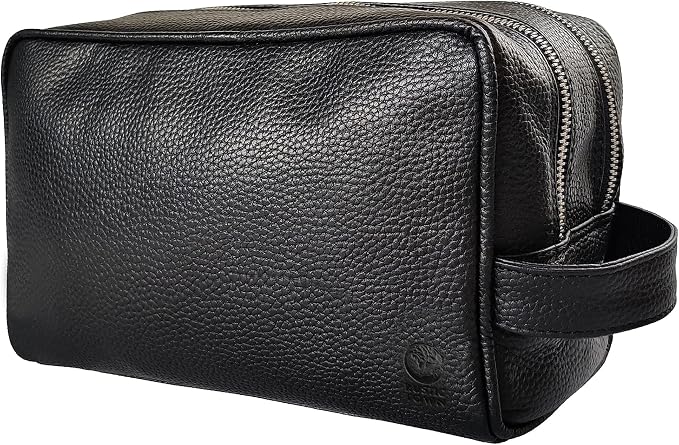 RUSTIC TOWN Full Grain Leather Travel Toiletry Bag - Cosmetic Makeup Kit Organizer (Medium, Black) by RusticTown