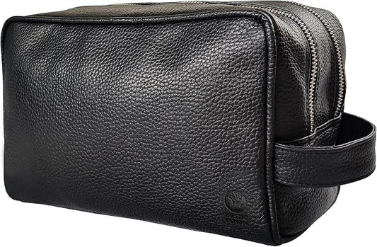 RUSTIC TOWN Full Grain Leather Travel Toiletry Bag - Cosmetic Makeup Kit Organizer (Medium, Black) by RusticTown