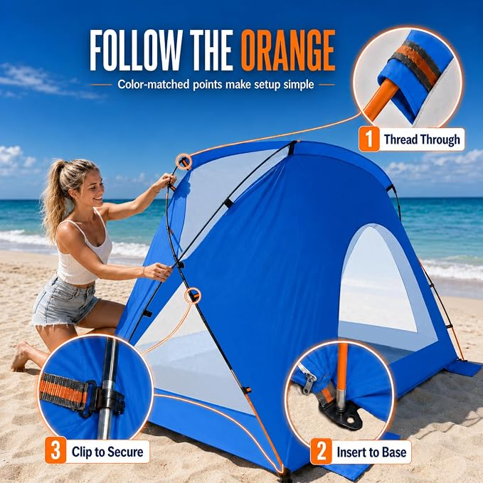 Beach Tent, Portable Sun Shelter for 2/3/4/6-8 Person with UPF 50+ UV Protection, Easy Setup Waterproof Beach Shade Canopy Cabana for Family Outdoor and Picnics, Fishing with Carrying Bag - Image 3