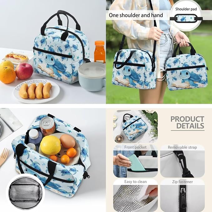 Kids 4 pcs Backpack Set Turtle Print School Supplies School Bags Book Bag with Insulated Lunch Bag Kit Pen Bags Water Bottle Sleeve Set for Kids Girls - Image 4