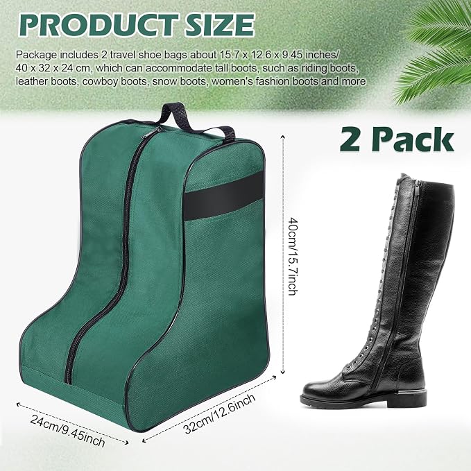 2 Pcs Boot Bags for Cowboy Boots Portable Storage Bag for Travel Long Tube Shoes Bags Men Tall Shoe with Handle for Home Travel (Dark Green) - Image 2