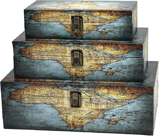 Jolitac Wood Storage Box Set of 3, Vintage Decorative Nesting Boxes Wooden Treasure Storage Crates With Latch, Home Decor Rustic Antique Boxes With Lid for Photos, Jewelry, Cash (Rectangle- Map) by Jolitac