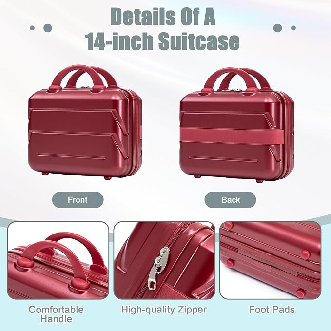 Gradient Color Suitcase 2-Piece Set, 20" Rotating Wheel Suitcase with 14" Cosmetic Case, Lightweight Durable Hardshell Luggage with 360° Spinner Wheels for Travel, Women & Girls (Wine Red) - Image 2