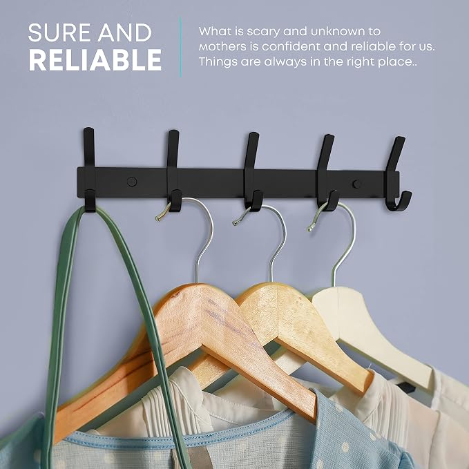 Coat Rack Wall Mount – 15 Inch Stainless Steel Hook Rail with 5 Double Coat Hooks for Hanging – Wall Mounted Entryway Organizer for Coats, Hats, Bags, Towels, Robes, Closet or Bathroom - Black 2 Pack - Image 4
