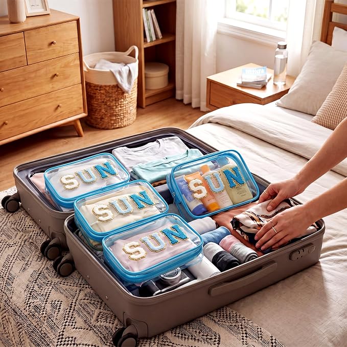 Kacctyen 12 Pcs Clear Sun Makeup Bags Bulk Sunscreen Pouch for Beach Pool Waterproof Toiletry Cosmetic Zipper Organizer with Preppy Chenille Letter Patch Women Girls Summer Vacation Gifts Essentials - Image 6