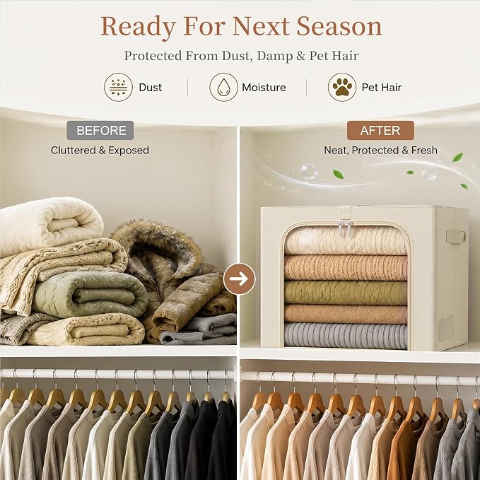 GoMaihe 3 Opening Clothes Storage Bins with Metal Frame, 40L Sweater Storage Organizer for Upper Shelf Closet Storage Boxes with Clear Window for Hoodies Jeans Towel 6-Pack Beige - Image 8