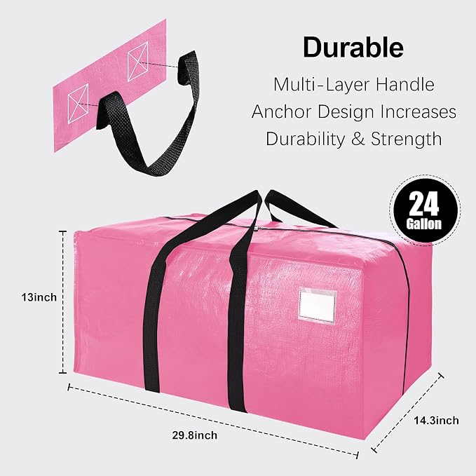 VELVETSURE 6 Pack Heavy Duty Large Moving Bags W/Backpack Straps - Strong Handles & Zippers, Storage Totes For Space Saving, Fold Flat, Alternative to Moving Box and Storage Bin, Pink - Image 2