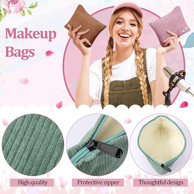 Hillban 12 Pieces Corduroy Makeup Bag Large Cosmetic Bag 10 x 7 Inches Zipper Storage Makeup Pouch Velvet Travel Toiletry Bag Brushes Accessories Organizer Purse for Women Gifts, 12 Colors - Image 3