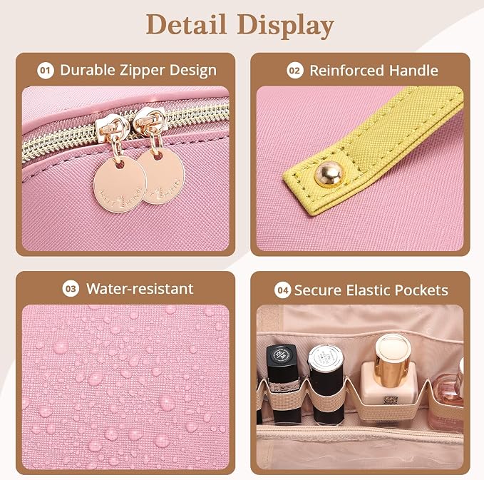 Travel Makeup Bag for Women: 3-in-1 Large Capacity Cosmetics Organizer with 2 Detachable Pouch - Vegan Leather Flat Open Toiletry Bag - Travel Essentials for Full-Sized Bottles(02-Pink) - Image 4