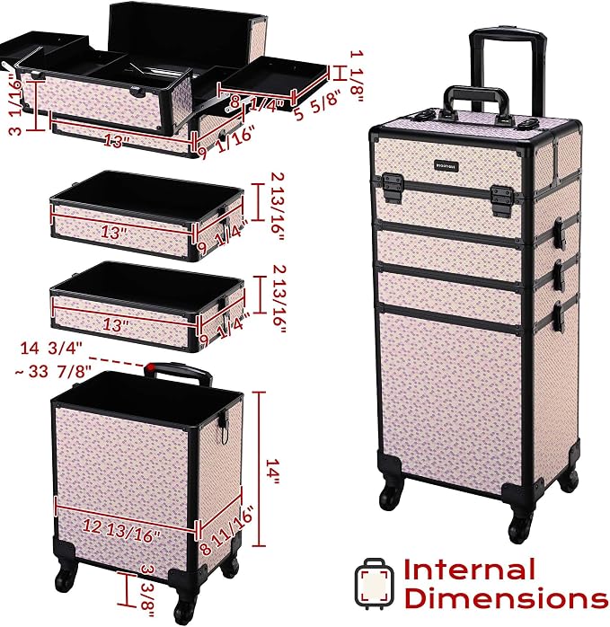 BYOOTIQUE 4in1 Cosmetology Case on Wheels w/Cosmetic Storage Makeup Artist | Aluminum Rolling Makeup Suitcase 360° Detachable Wheel Lockable Makeup Case Organizer w/ Mirror Nail Tech AD Tyrian - Image 7