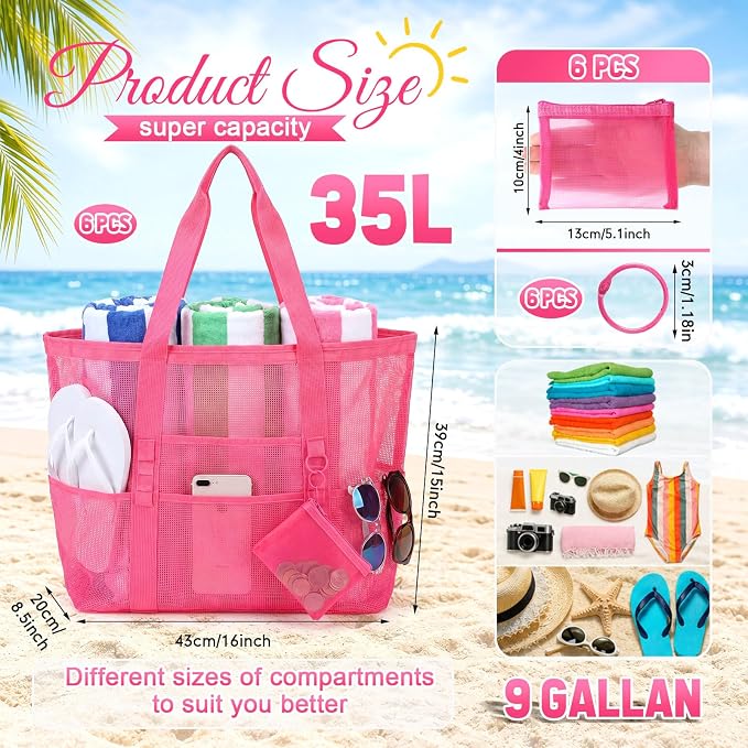 Hillban Large Mesh Beach Bag Bulk for Women Waterproof Sandproof Pool Tote Bag with 8 Pocket Small Zipper Pouch with Ring - Image 3