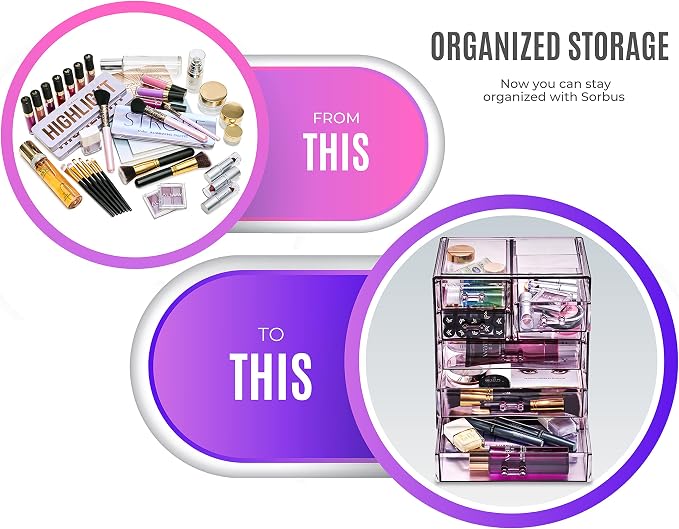 Sorbus Acrylic Makeup Organizer Set, 7-Drawer Vanity & Countertop Cosmetic Storage with Small & Wide Drawers, Purple Makeup Storage for Brushes, Lipsticks, Jewelry – Holiday Gift for Women & Teens - Image 4