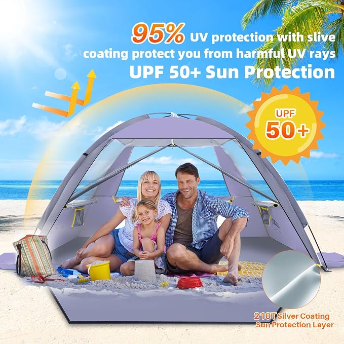 Happy Travel Beach Tent, UPF 50+ UV Protection Sun Shade Shelter for 3/4/5/6/7/8 Person, Portable Beach Canopy for Family & Baby, Lightweight & Easy Setup Beach Cabana with 3 Ventilation Mesh Windows - Image 4