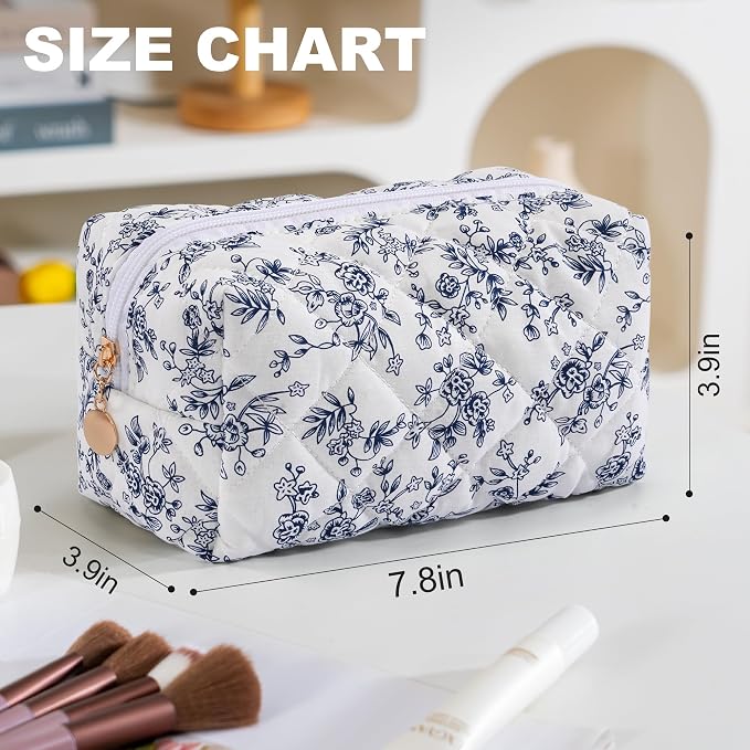 Makeup Bag Travel Toiletry Bag for Women, Small Cosmetic Bags Aesthetic Organizer Quilted Cotton Makeup Pouch&Purse Emergency Bag Floral Pencil Case Accessory Bag, Vintage Blue - Image 2