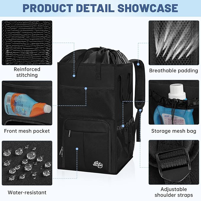 170L Laundry Backpack Bag with 3 Sizes Mesh Wash Bags Empty, Extra Large 2 in 1 Laundry Hamper Basket with Shoulder Straps, Freestanding Laundry Bag for College Dorm, Laundromat, Apartment (Black) - Image 7