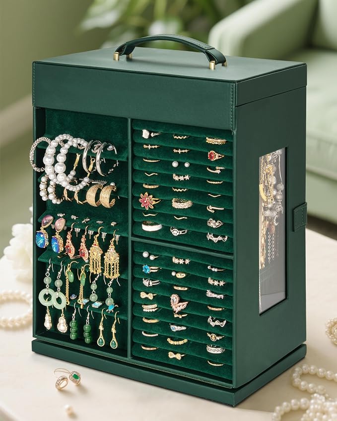 AKOZLIN 6-Tier Jewelry Box Organizer Functional 5 Drawers Leather Jewelry Storage Case for Women Girls Ring Necklace Earring Bracelet Holder Organizer with Mirror XL Green 360° Rotating - Image 2