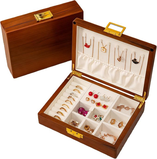 Solid Black Walnut Jewelry Box with Lock and Key Large Capacity Vintage Wooden Organizer for Women and Men Ring Necklace Earring Cufflink Storage Removable Dividers Gift for Christmas by LIBOLXSP