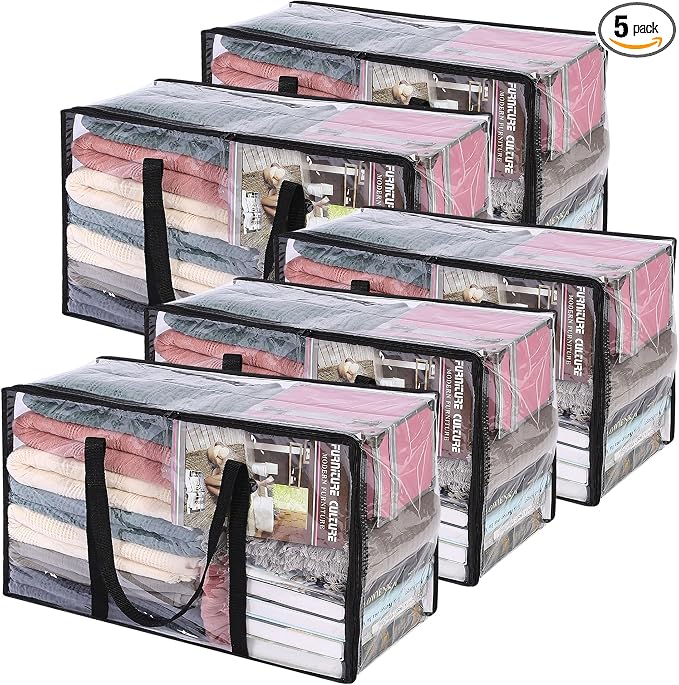 Vieshful 5 Pack Clear Comforter Storage Bag, 60L Clothes Storage Bag with Zipper Closet Organizer, Plastic Storage Containers Moving bags for Comforter, Blanket, Bedding, Duvet, Toys by Vieshful
