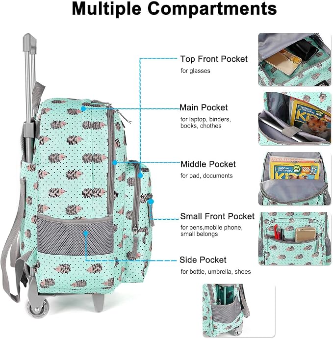 Tilami Rolling Backpack 18 inch Double Handle with Lunch Bag Wheeled Kids Backpack for Girls and Boys, Hedgehog Green - Image 4