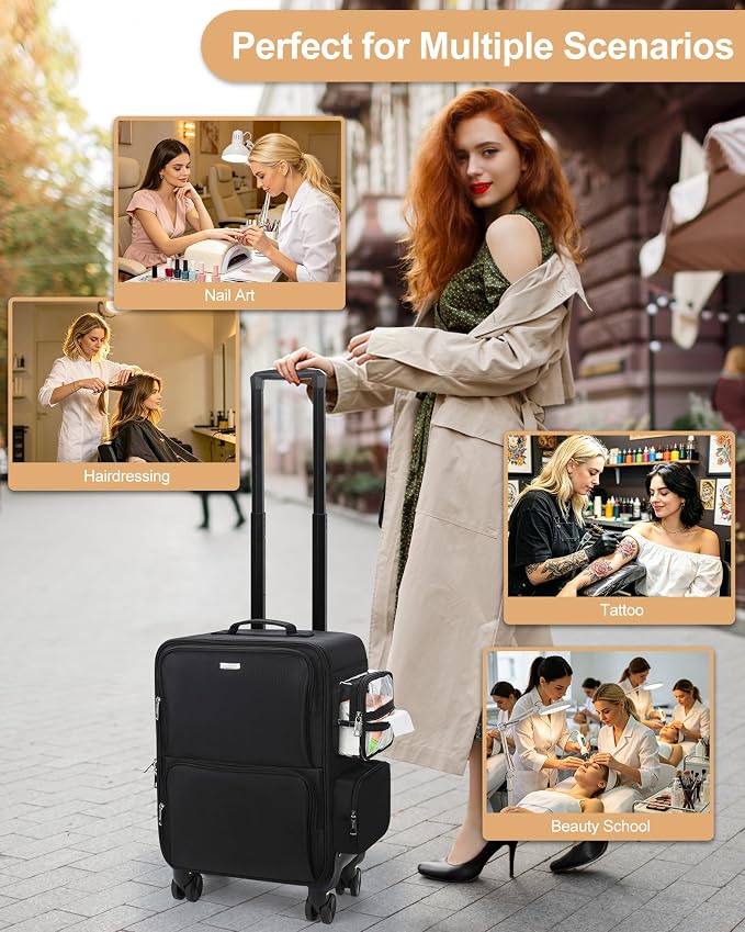 Relavel Rolling Makeup Case, Extra Large Makeup Train Case Cosmetology Case on Wheels Professional Makeup Artist Bag Cosmetic Brush Organizer Box with 4 Clear Set Bags, 360° Spinner Wheels, Black - Image 7