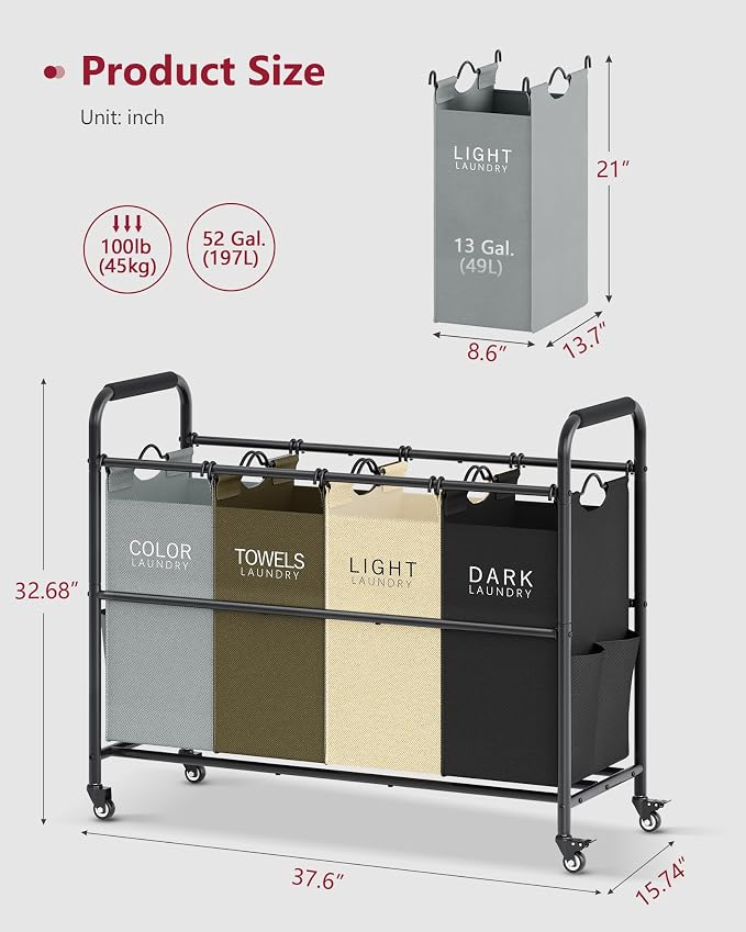 Tajsoon 4 Bag Laundry Sorter Cart, 4 Section Laundry Hamper Sorter with Heavy Duty Lockable Rolling Wheels, Laundry Separator Hamper with Removable Bags for Dirty Clothes Storage, 4 Colors - Image 7