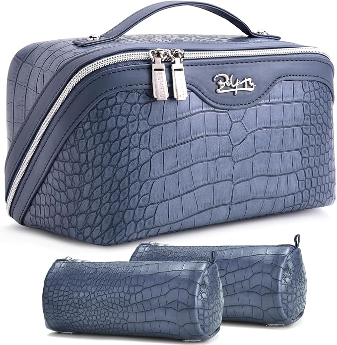BOYATU Travel Makeup Bag Cosmetic Bags for Women: 3 Pcs Set Large Capacity Make up Bag with Handle - Crocodile Pattern Vegan Leather Toiletry Bags Travel Essentials with Compartments(E-3-Blue) by BOYATU