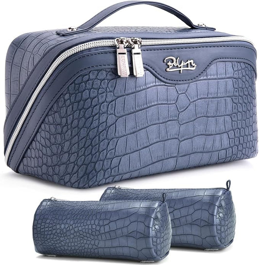 BOYATU Travel Makeup Bag Cosmetic Bags for Women: 3 Pcs Set Large Capacity Make up Bag with Handle - Crocodile Pattern Vegan Leather Toiletry Bags Travel Essentials with Compartments(E-3-Blue) by BOYATU