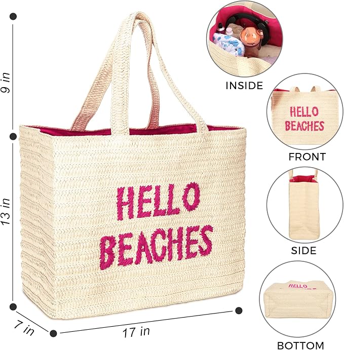 Hello Beaches A Packable Beach Bag | The Straw Beach Tote Bag of 2025 | Beach Bags for Women Vacation | Large Beach Bag - Image 3