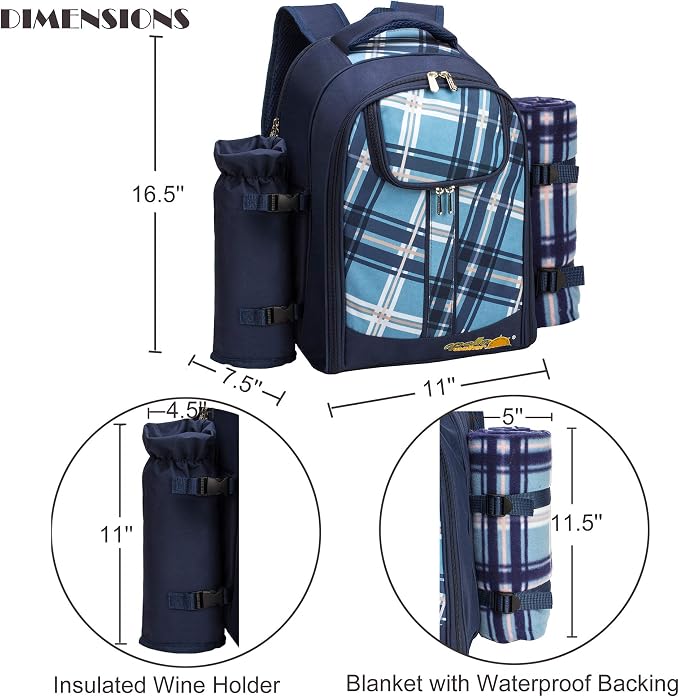 Apollo walker Picnic Backpack Set for 4 with Cooler Compartment,Detachable Bottle/Wine Holder Including Large Picnic Blanket(45"x 53") for Picnic Family and Lovers Gifts,Outdoor,BBQ Time (Blue) - Image 6